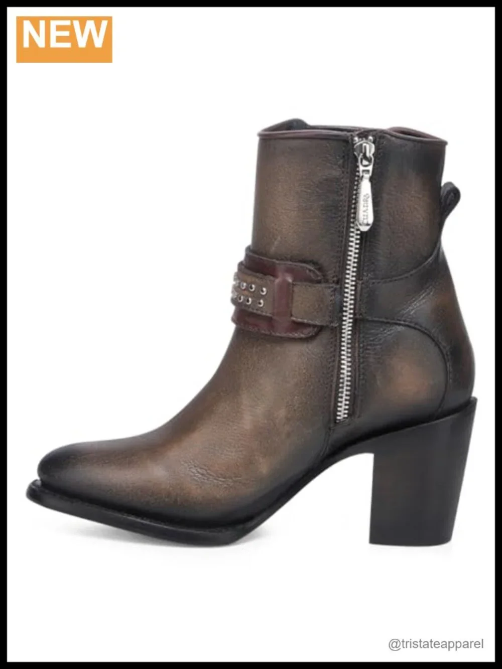 Cuadra Women's Leather Biker Booties with Studs Pointed Toe Cuban Heel